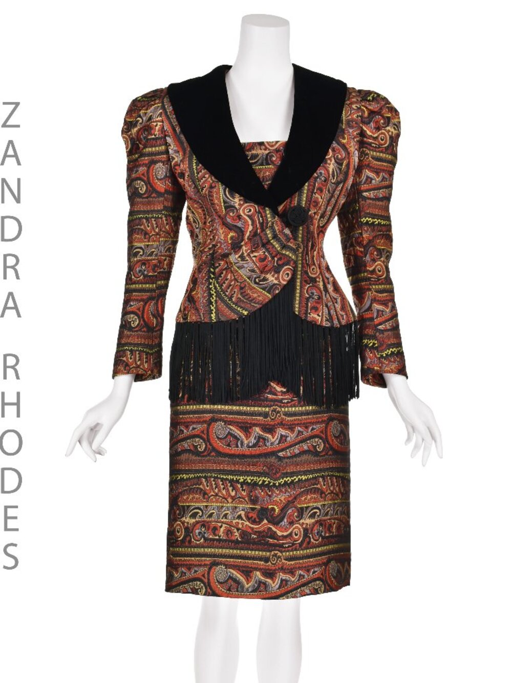 ZANDRA RHODES Rare '80s Jacquard Suit w/Velvet Lapels & Long Black Fringe, SZ SM